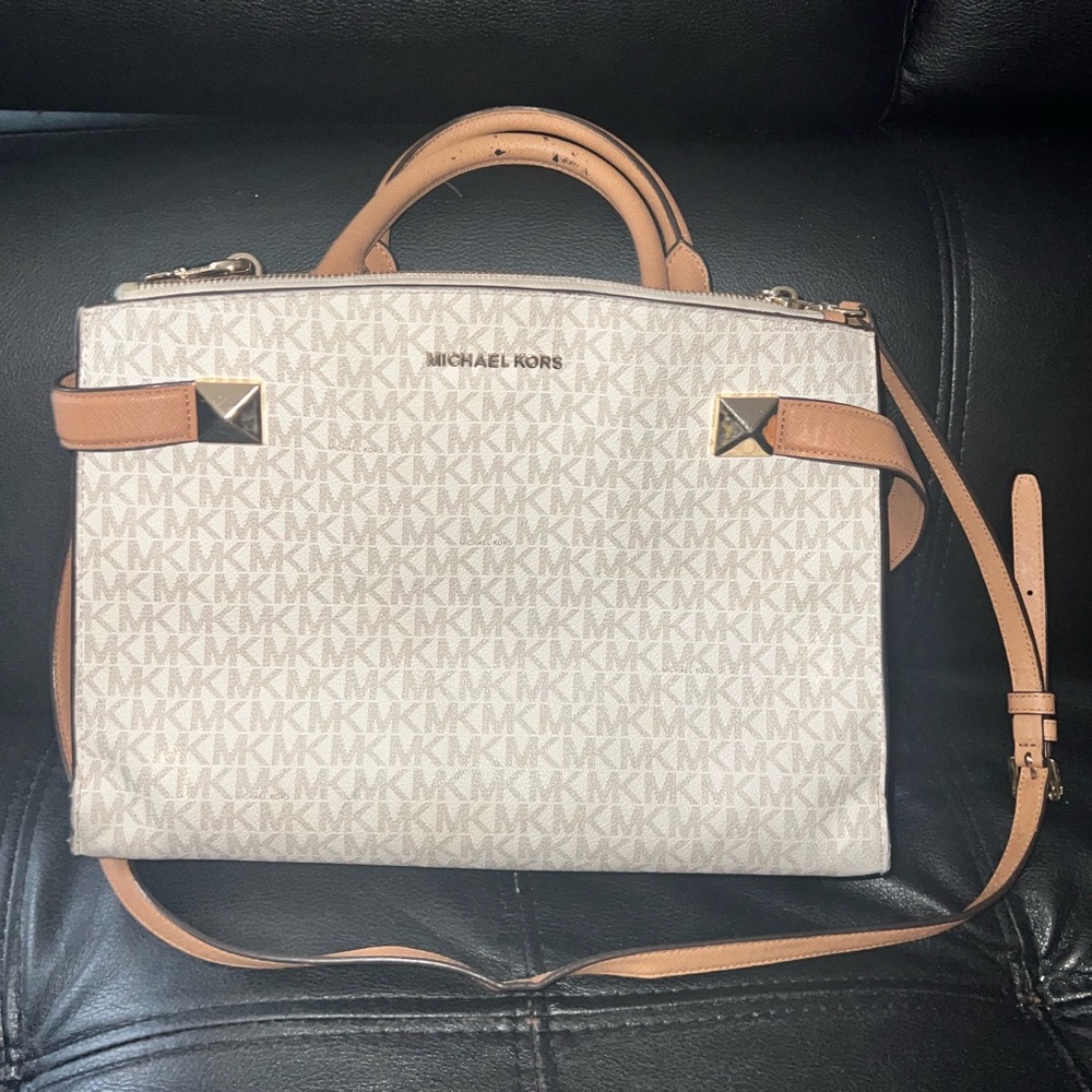 Michael Kors Cream and Tan MK Monogram Satchel